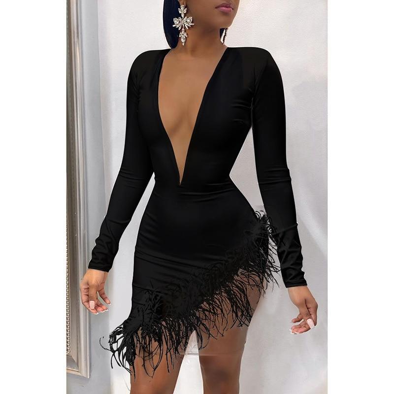 Faxu Feather Long Sleeve Dress Mssaz Desses