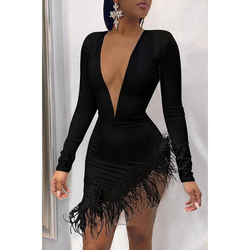 Faxu Feather Long Sleeve Dress Mssaz Desses