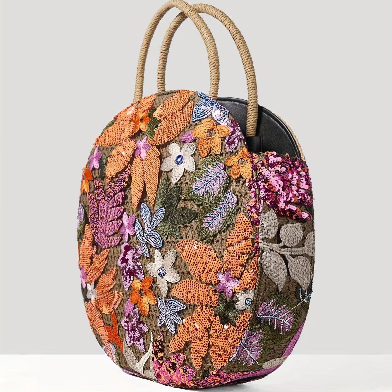 Floral Sequins and Straw Retro Ethnic Round Handbag Mssza