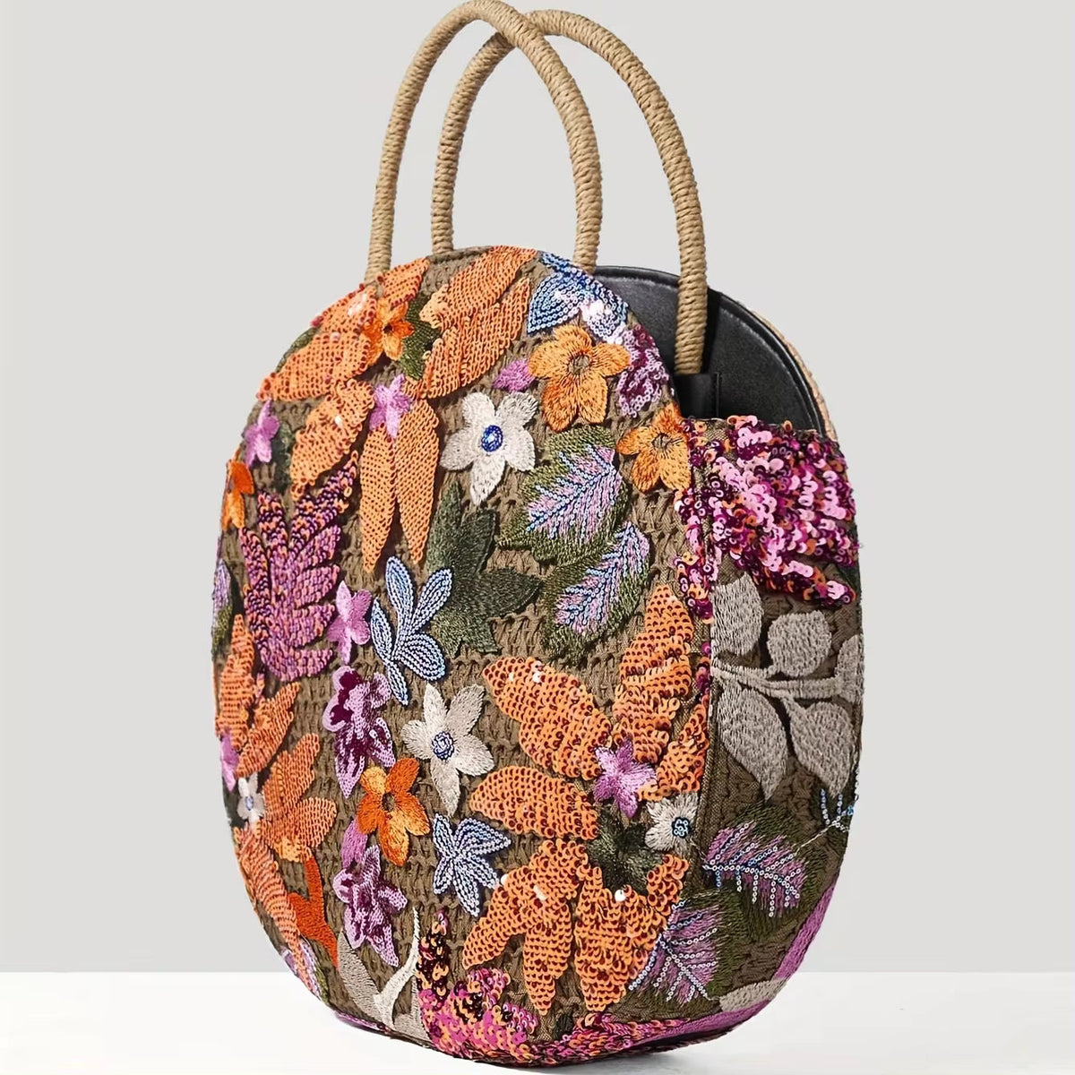 Floral Sequins and Straw Retro Ethnic Round Handbag Mssza