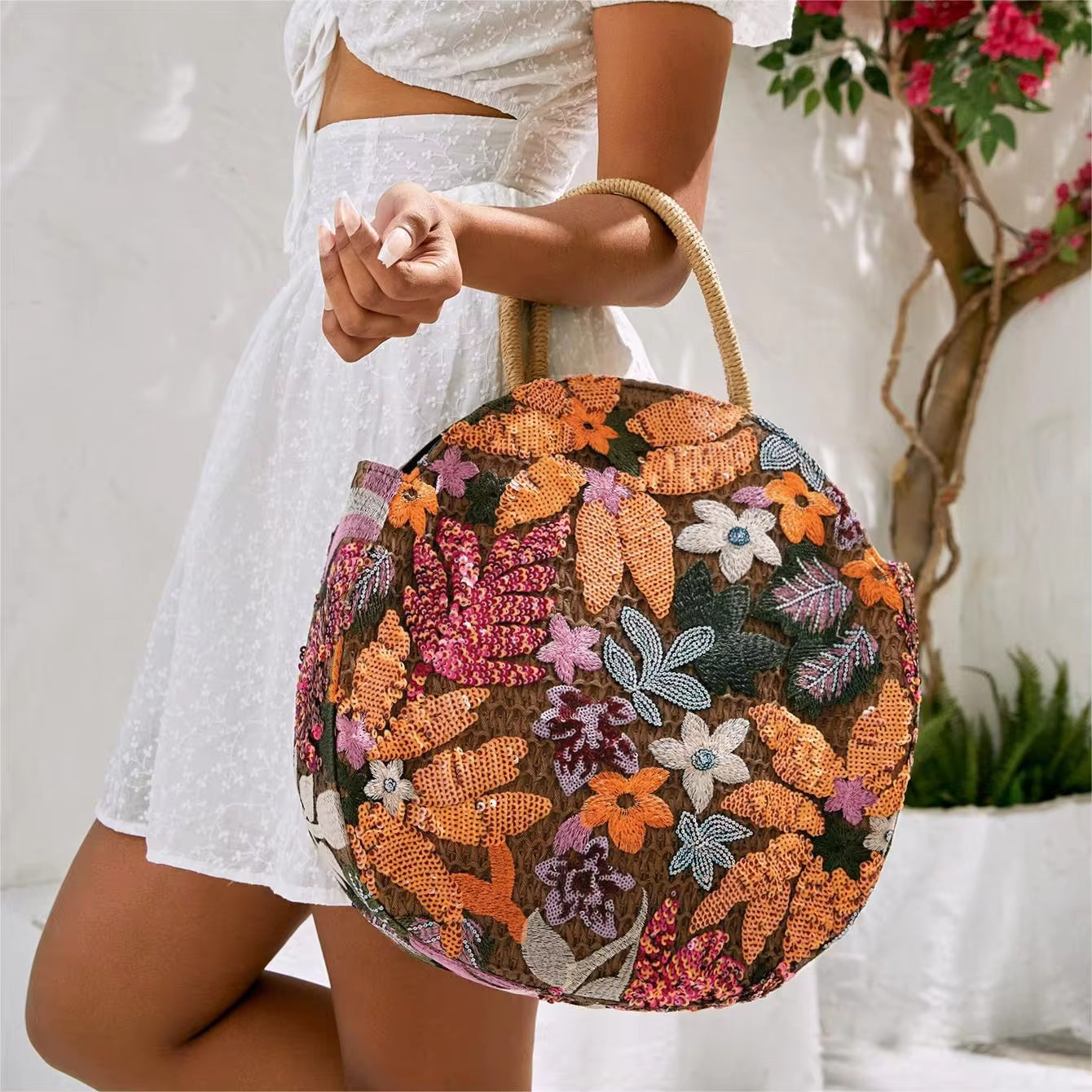 Floral Sequins and Straw Retro Ethnic Round Handbag Mssza