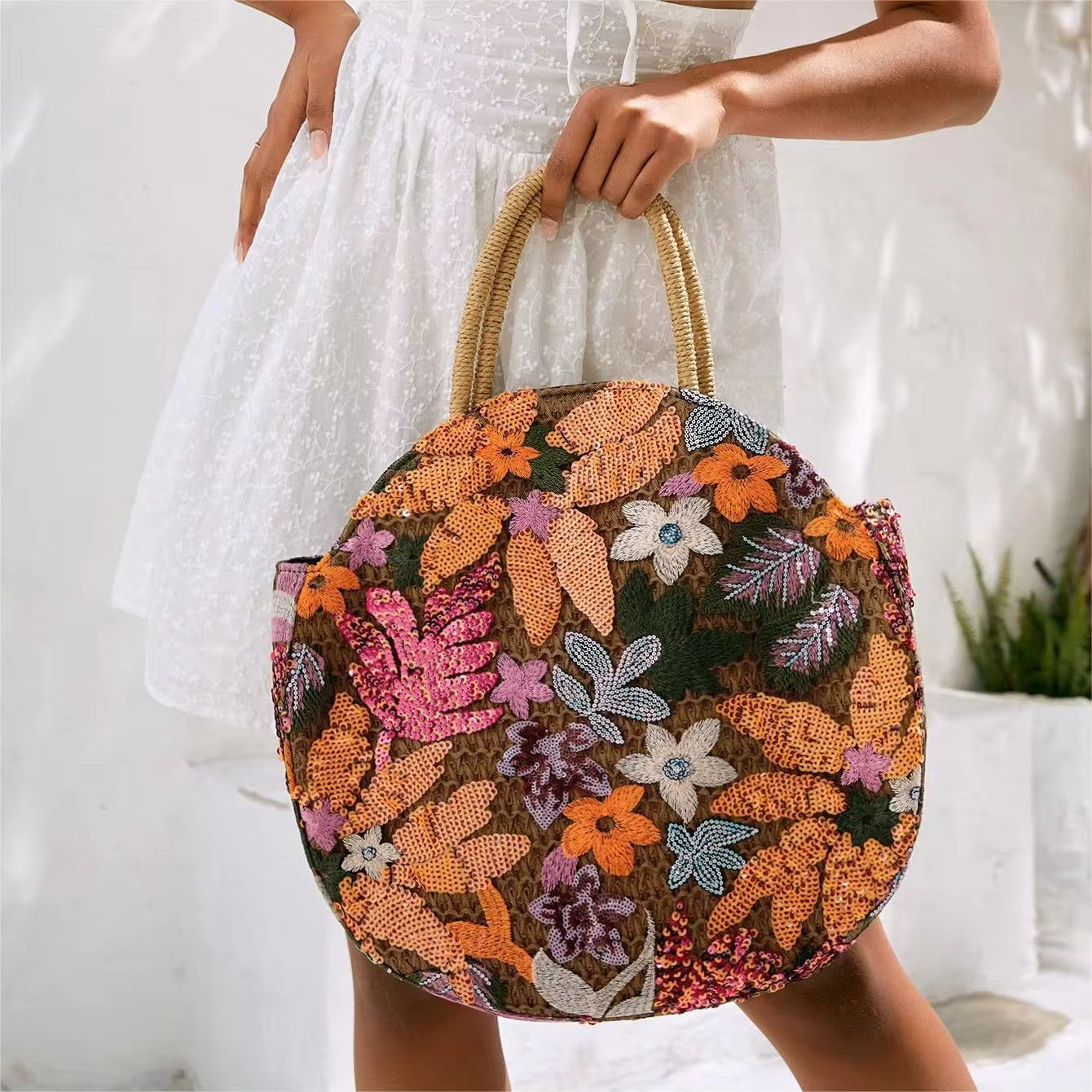 Floral Sequins and Straw Retro Ethnic Round Handbag Mssza
