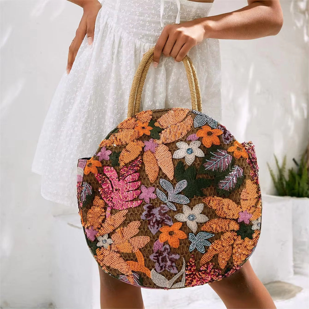 Floral Sequins and Straw Retro Ethnic Round Handbag Mssza