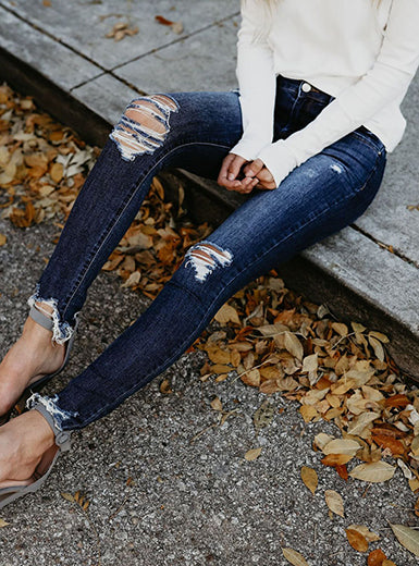 Frayed Ankle Cuff Distressed Denim Skinny Pants Mssza