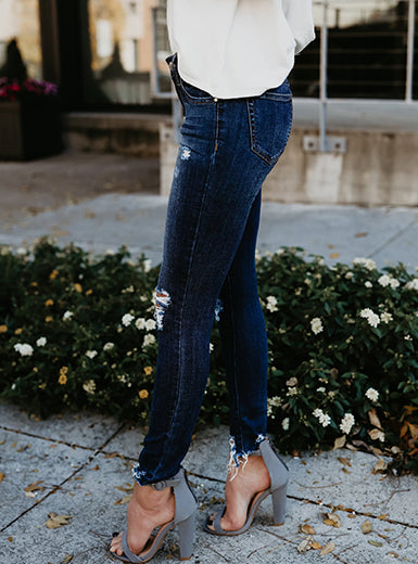 Frayed Ankle Cuff Distressed Denim Skinny Pants Mssza