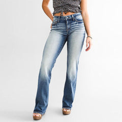 Zipper Elastic Straight Gradient Color Mid-Waist Flare Denim Pants Mssza