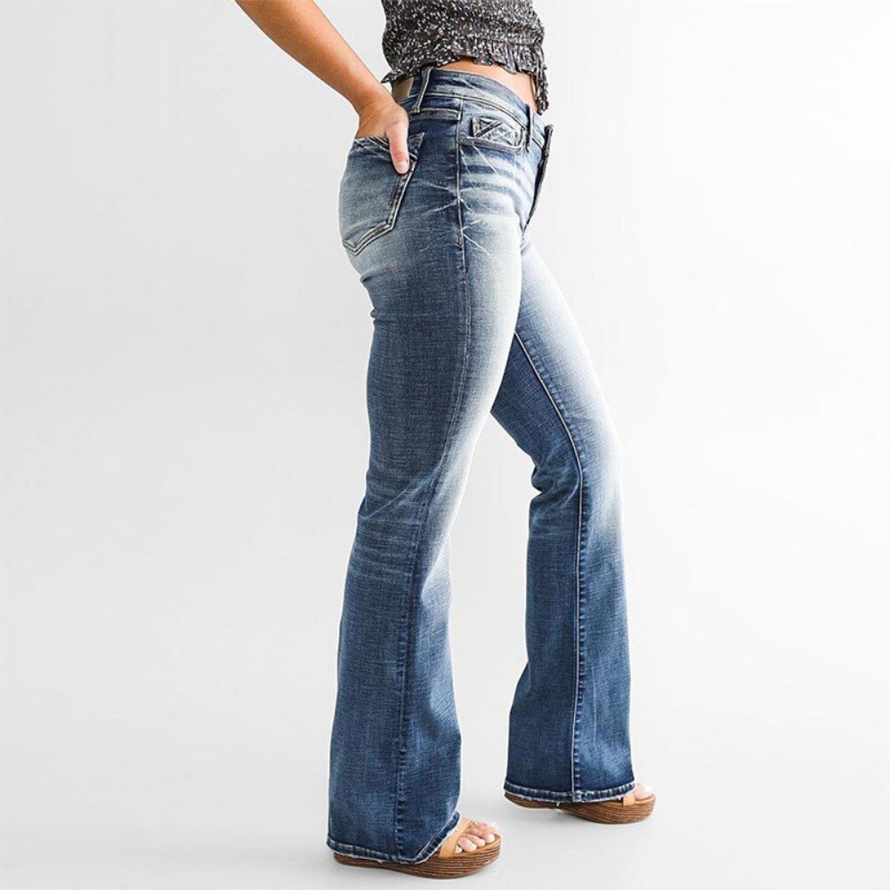 Zipper Elastic Straight Gradient Color Mid-Waist Flare Denim Pants Mssza
