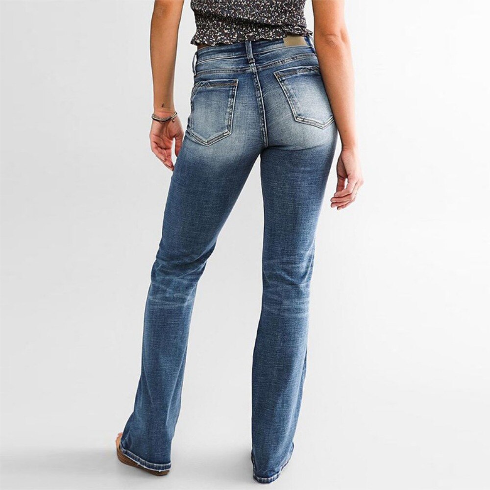 Zipper Elastic Straight Gradient Color Mid-Waist Flare Denim Pants Mssza