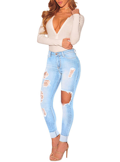 Ankle Cuffed Worn and Cut Denim Skinny Jeans Mssza
