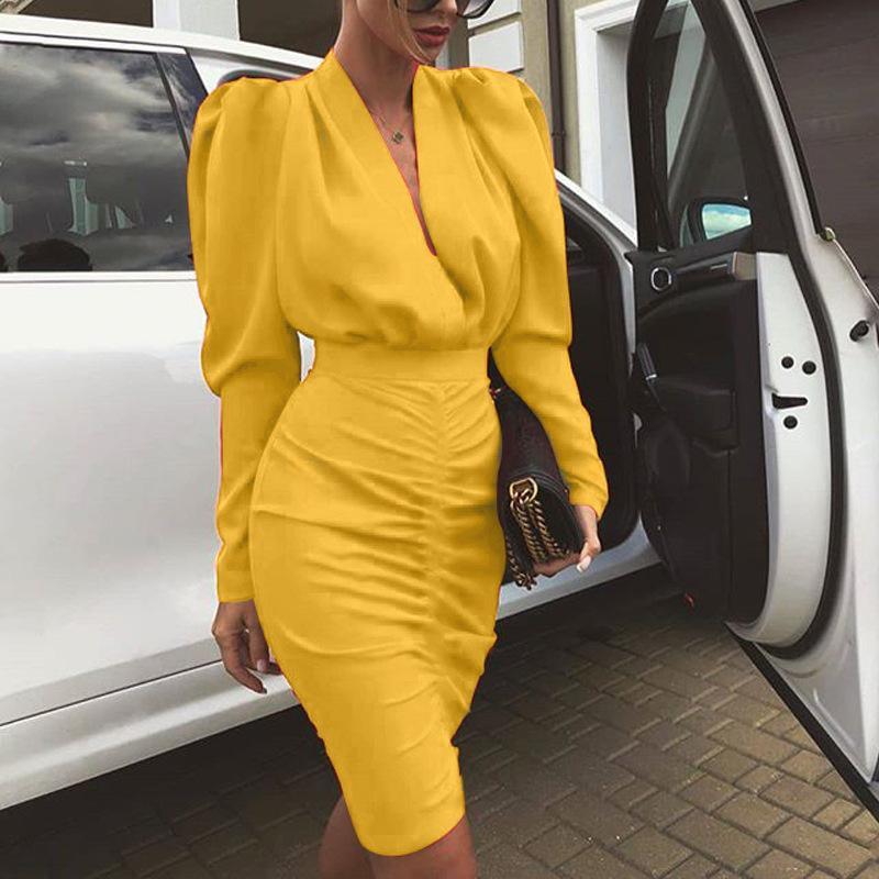 Leg-of-Mutton Sleeve Plunge Party Dress Slim Waist Ruched Bodycon Dress Solid Yellow Red Black Robe Femme Mssaz Desses