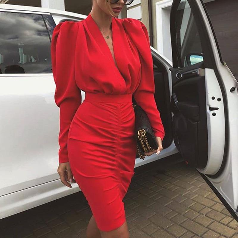 Leg-of-Mutton Sleeve Plunge Party Dress Slim Waist Ruched Bodycon Dress Solid Yellow Red Black Robe Femme Mssaz Desses