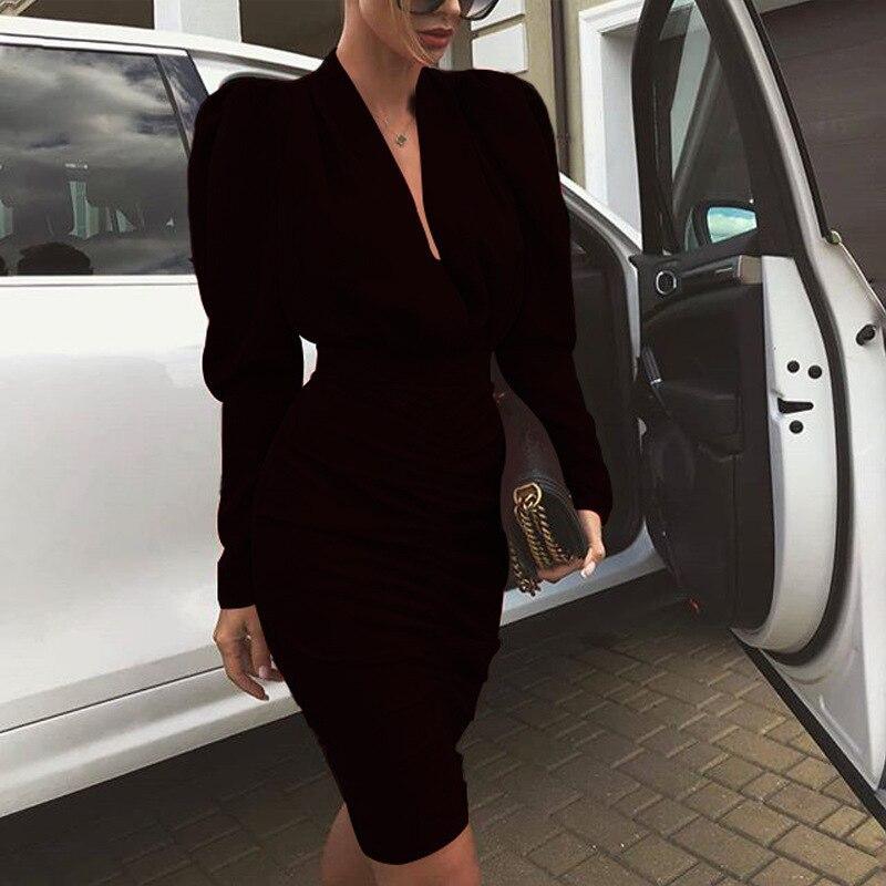 Leg-of-Mutton Sleeve Plunge Party Dress Slim Waist Ruched Bodycon Dress Solid Yellow Red Black Robe Femme Mssaz Desses