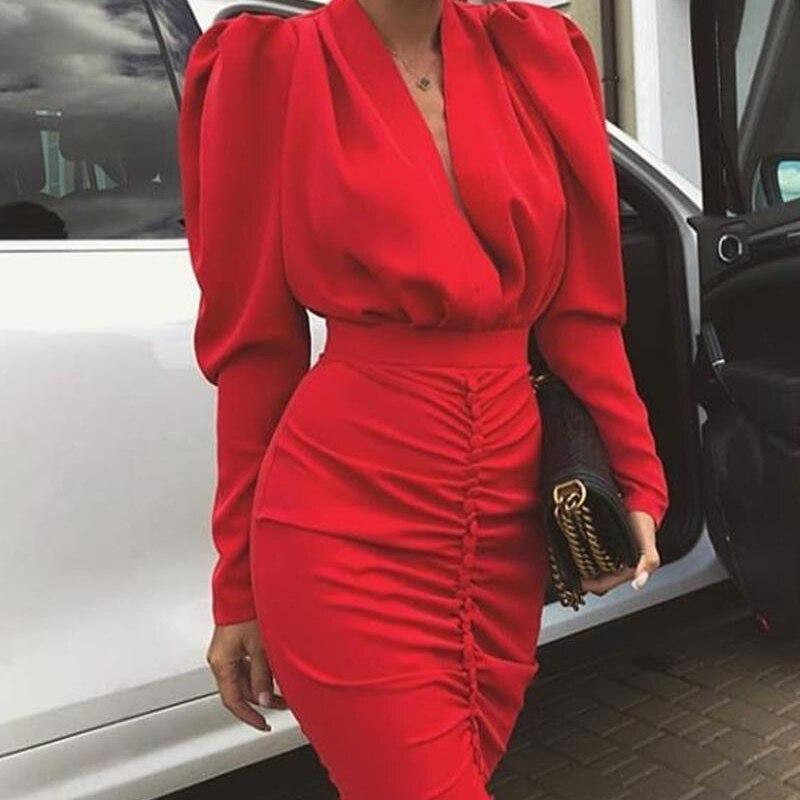 Leg-of-Mutton Sleeve Plunge Party Dress Slim Waist Ruched Bodycon Dress Solid Yellow Red Black Robe Femme Mssaz Desses