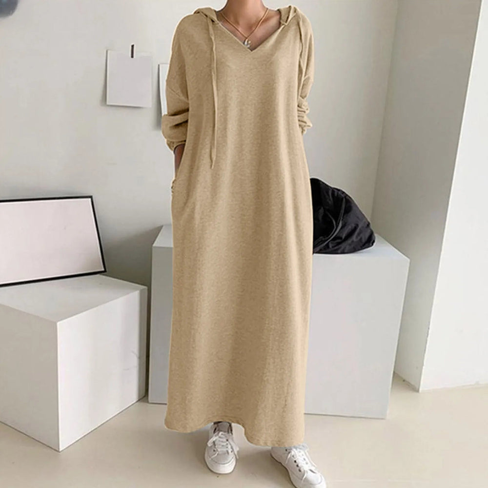 Solid Loose V Neck Casual Hooded Long Sleeve Drawstring Autumn Ladies Knee Length Dress Mssaz Desses