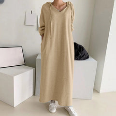Solid Loose V Neck Casual Hooded Long Sleeve Drawstring Autumn Ladies Knee Length Dress Mssaz Desses