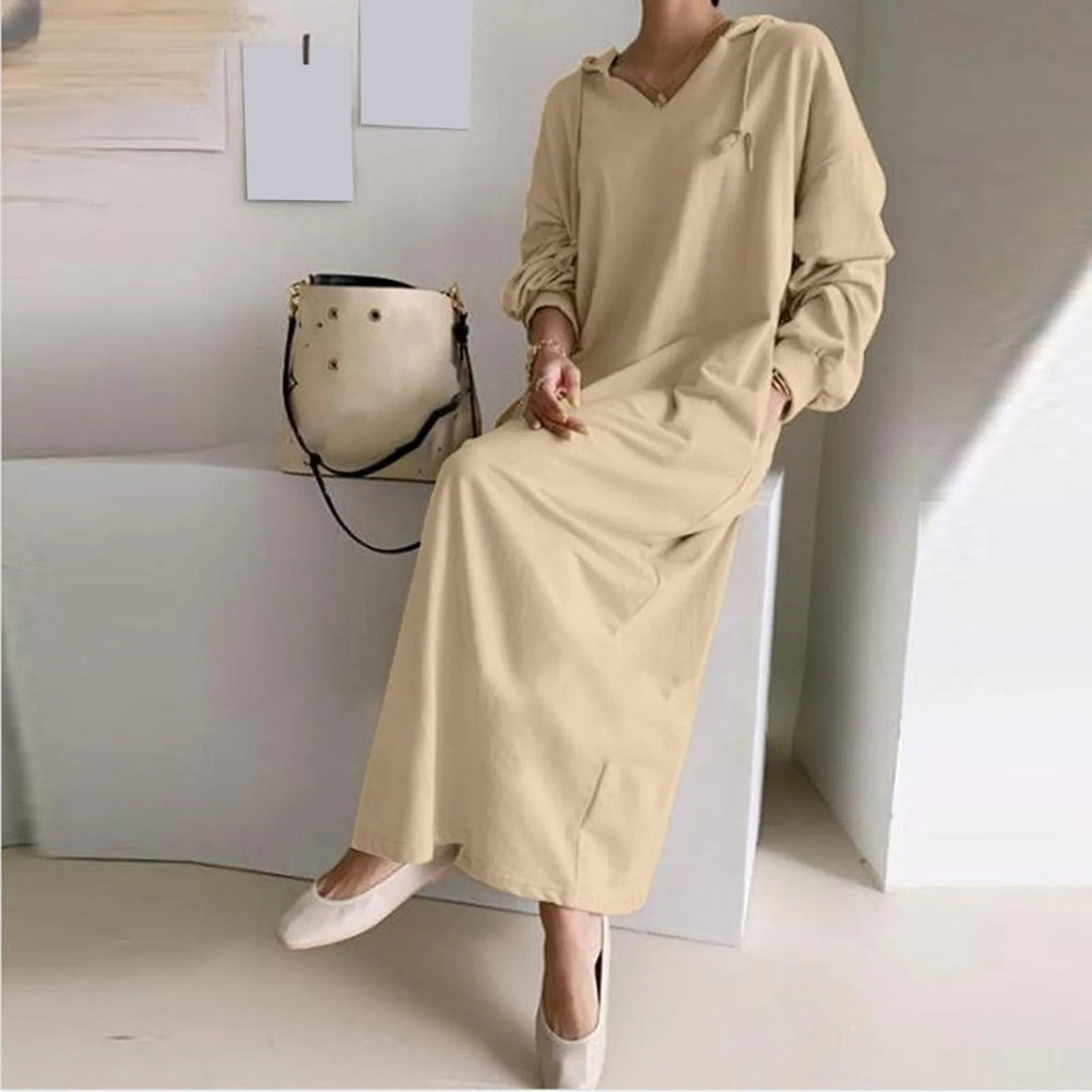 Solid Loose V Neck Casual Hooded Long Sleeve Drawstring Autumn Ladies Knee Length Dress Mssaz Desses