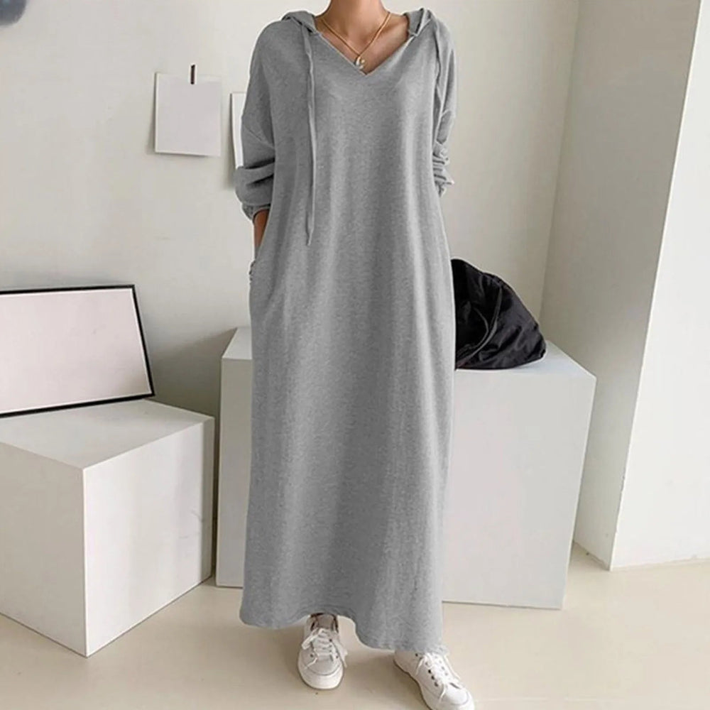 Solid Loose V Neck Casual Hooded Long Sleeve Drawstring Autumn Ladies Knee Length Dress Mssaz Desses