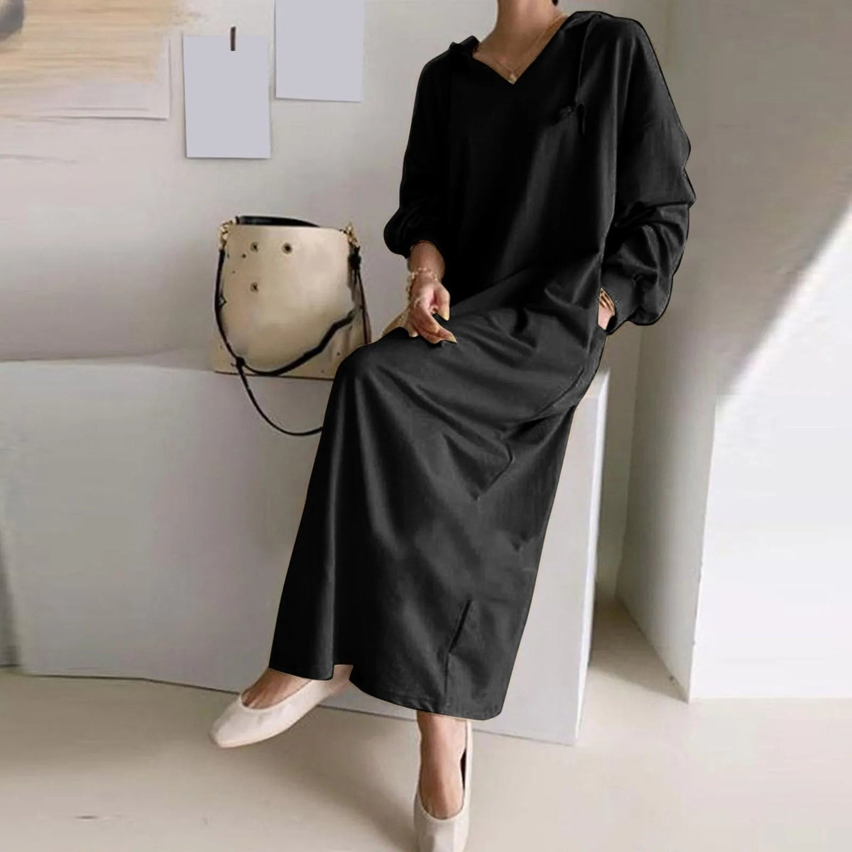 Solid Loose V Neck Casual Hooded Long Sleeve Drawstring Autumn Ladies Knee Length Dress Mssaz Desses