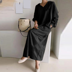 Solid Loose V Neck Casual Hooded Long Sleeve Drawstring Autumn Ladies Knee Length Dress Mssaz Desses