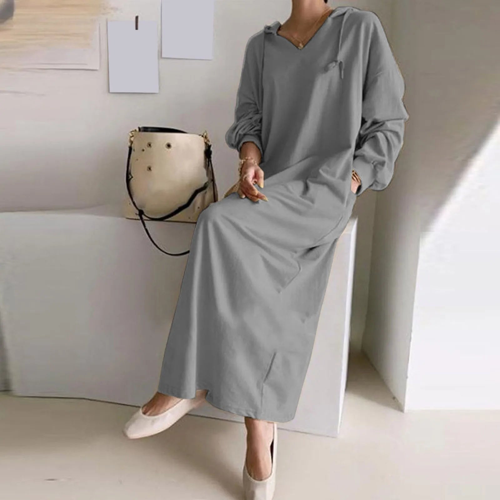 Solid Loose V Neck Casual Hooded Long Sleeve Drawstring Autumn Ladies Knee Length Dress Mssaz Desses