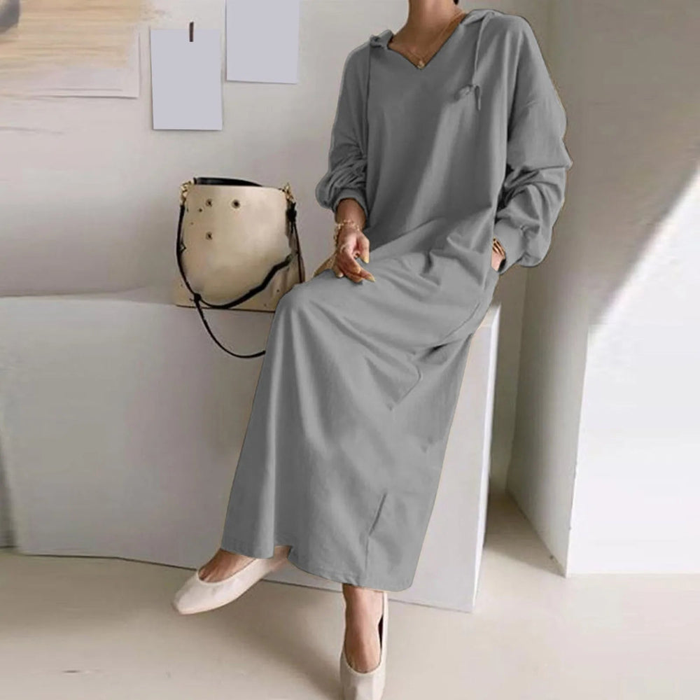 Solid Loose V Neck Casual Hooded Long Sleeve Drawstring Autumn Ladies Knee Length Dress Mssaz Desses