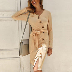Long Sleeve V Neck Button Midi Dress Autumn Winter Knitted Dress Elegant OL Workwear Streetwear Bodycon Vestidos Mujer Mssaz Desses
