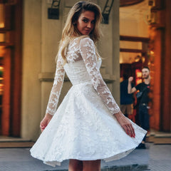 White Lace Hook Flower Hollow Patchwork Boho Long Sleeve Dresses Wedding Party Mssaz Desses