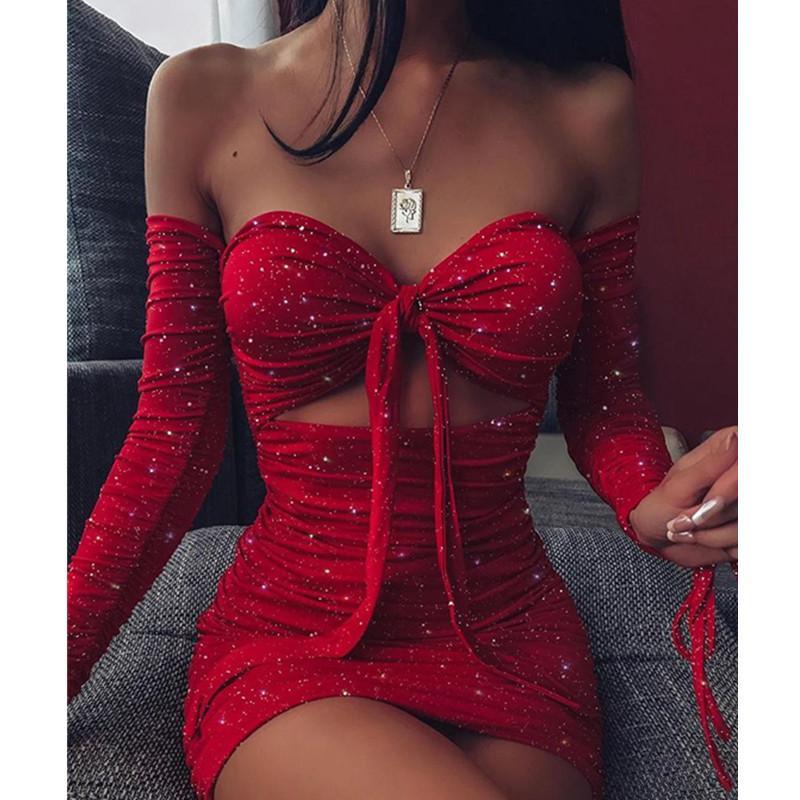 Off Shoulder Glitter Dress Long Sleeve Solid  Party Strapless Mini Dresses Bust Tied Bodycon Ruched Dresses Vestidos Mssaz Desses