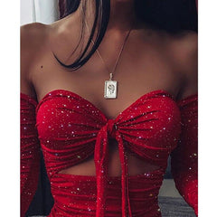 Off Shoulder Glitter Dress Long Sleeve Solid  Party Strapless Mini Dresses Bust Tied Bodycon Ruched Dresses Vestidos Mssaz Desses