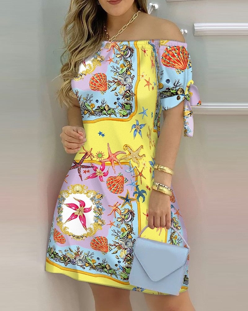 Off Shoulder  Mini Dress Short Sleeve Bow Tie Striped Plaid Floral Vestidos Mssaz Desses