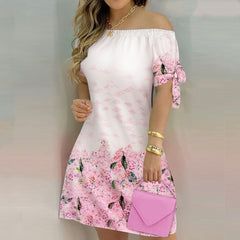 Off Shoulder  Mini Dress Short Sleeve Bow Tie Striped Plaid Floral Vestidos Mssaz Desses