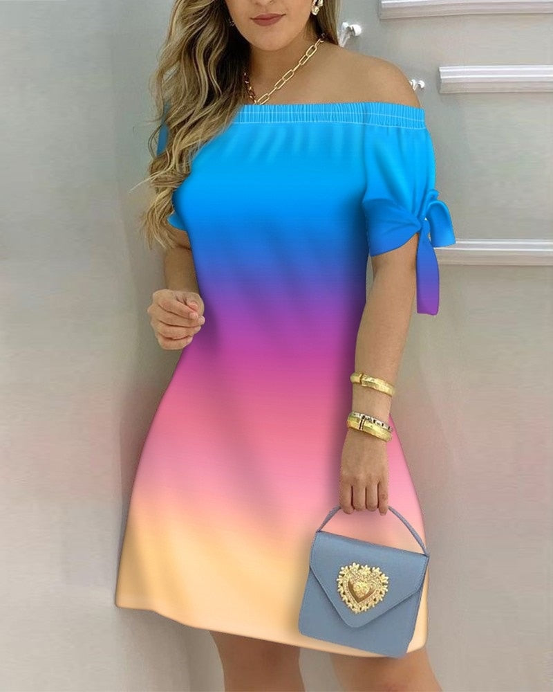 Off Shoulder  Mini Dress Short Sleeve Bow Tie Striped Plaid Floral Vestidos Mssaz Desses