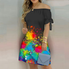 Off Shoulder  Mini Dress Short Sleeve Bow Tie Striped Plaid Floral Vestidos Mssaz Desses