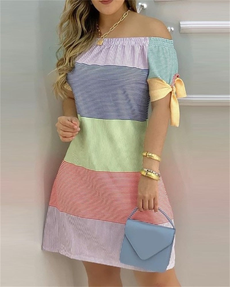 Off Shoulder  Mini Dress Short Sleeve Bow Tie Striped Plaid Floral Vestidos Mssaz Desses