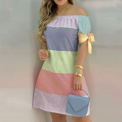 Off Shoulder  Mini Dress Short Sleeve Bow Tie Striped Plaid Floral Vestidos Mssaz Desses