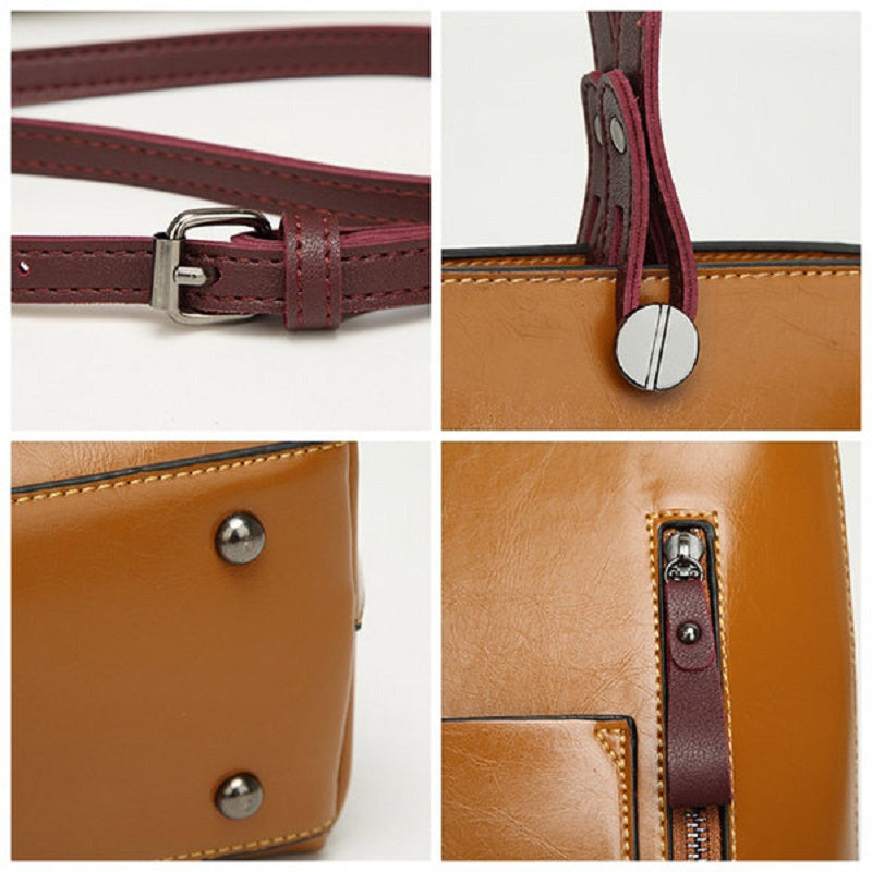 Women Oil Wax Leather Tote Bag Retro Shoulder Bags Handbags Mssza