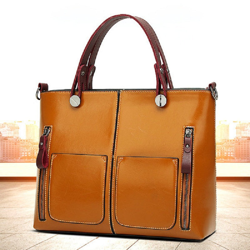 Women Oil Wax Leather Tote Bag Retro Shoulder Bags Handbags Mssza