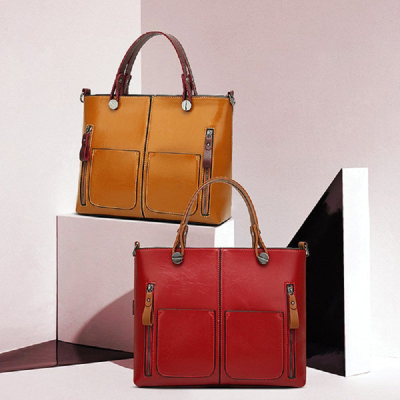 Women Oil Wax Leather Tote Bag Retro Shoulder Bags Handbags Mssza