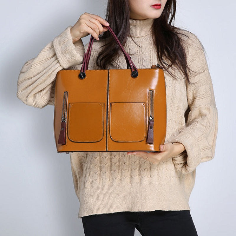 Women Oil Wax Leather Tote Bag Retro Shoulder Bags Handbags Mssza
