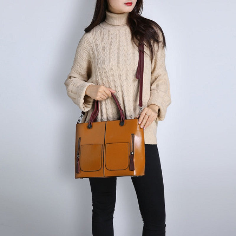 Women Oil Wax Leather Tote Bag Retro Shoulder Bags Handbags Mssza