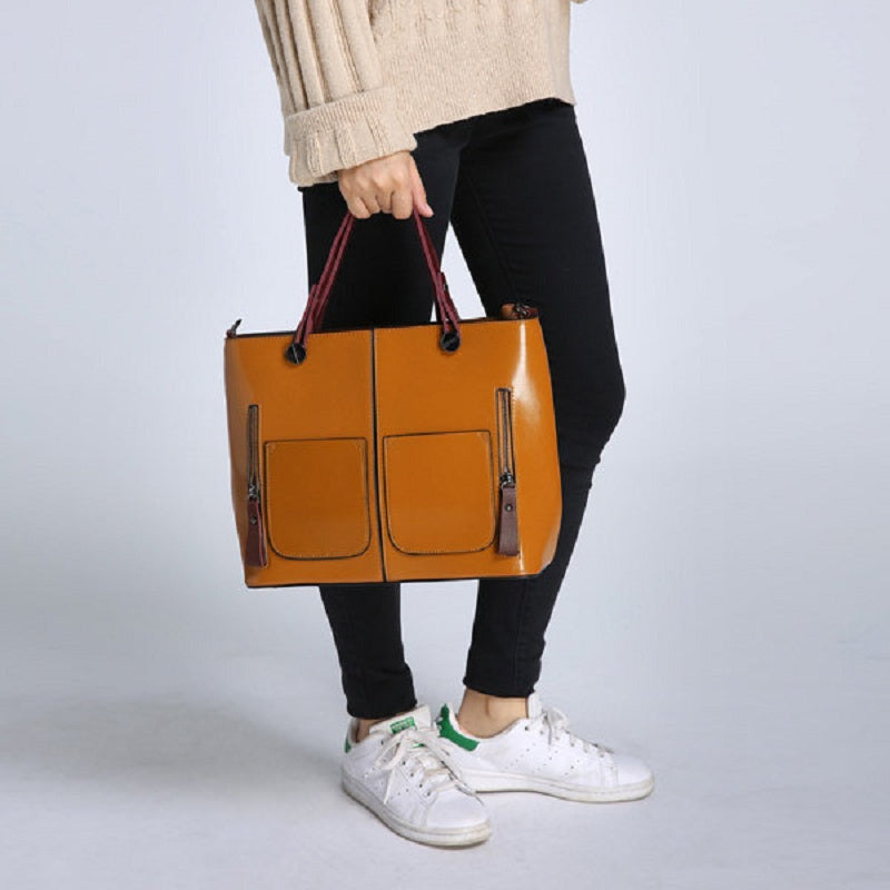Women Oil Wax Leather Tote Bag Retro Shoulder Bags Handbags Mssza