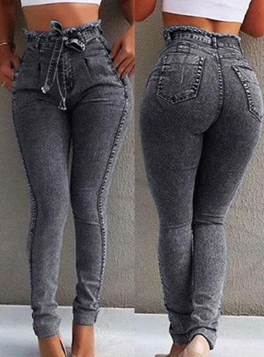Retro-Look High Waisted Drawstring Tie Jeans Mssza