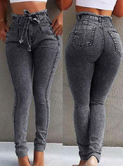 Retro-Look High Waisted Drawstring Tie Jeans Mssza
