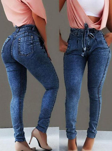 Retro-Look High Waisted Drawstring Tie Jeans Mssza