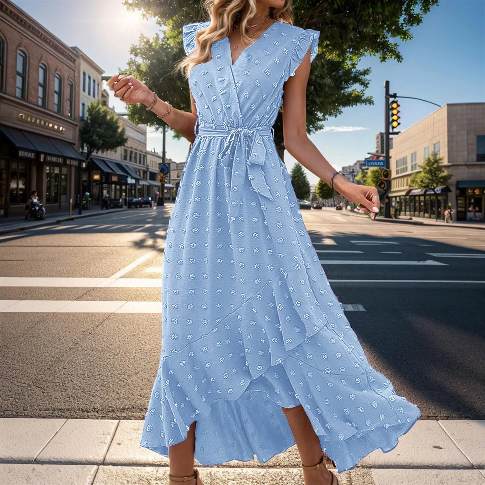 Clothing Free Shipping Sleeve Wrap V Neck Ruffle Dot Ruffle Slit Flowy Boho Dress Mssaz Desses