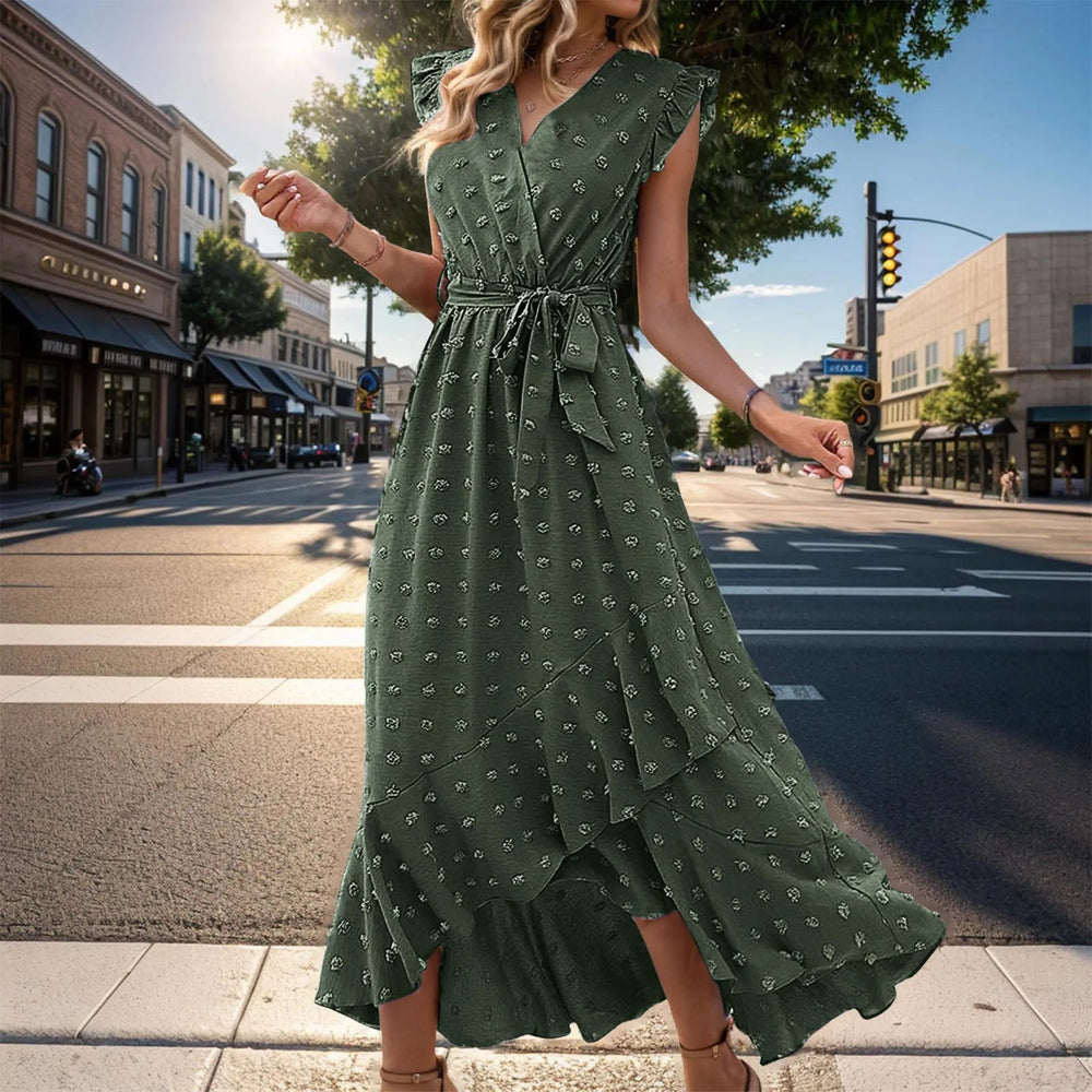 Clothing Free Shipping Sleeve Wrap V Neck Ruffle Dot Ruffle Slit Flowy Boho Dress Mssaz Desses