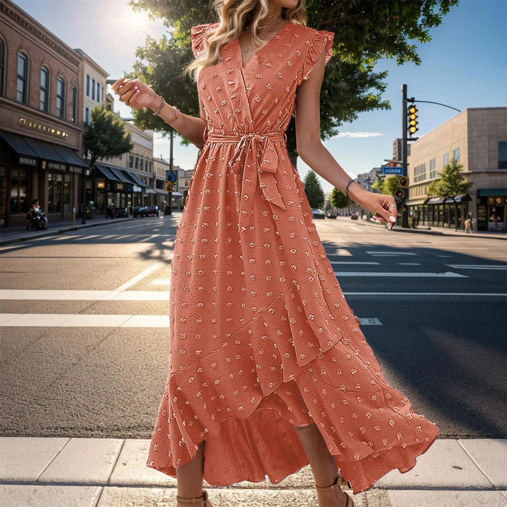 Clothing Free Shipping Sleeve Wrap V Neck Ruffle Dot Ruffle Slit Flowy Boho Dress Mssaz Desses