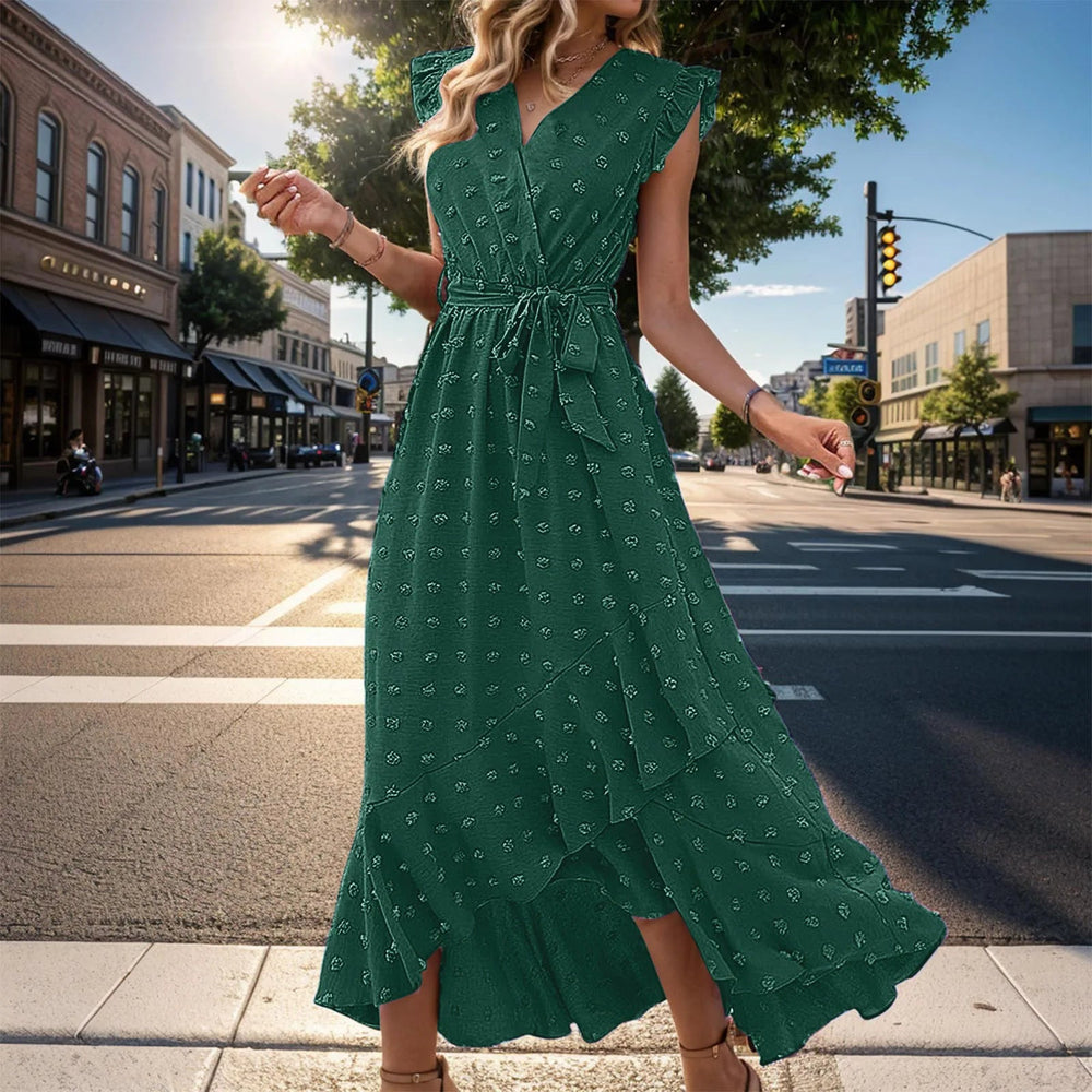 Clothing Free Shipping Sleeve Wrap V Neck Ruffle Dot Ruffle Slit Flowy Boho Dress Mssaz Desses