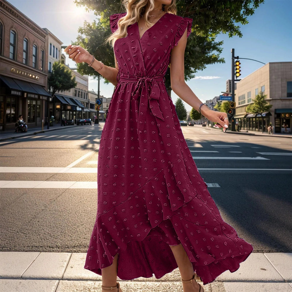 Clothing Free Shipping Sleeve Wrap V Neck Ruffle Dot Ruffle Slit Flowy Boho Dress Mssaz Desses