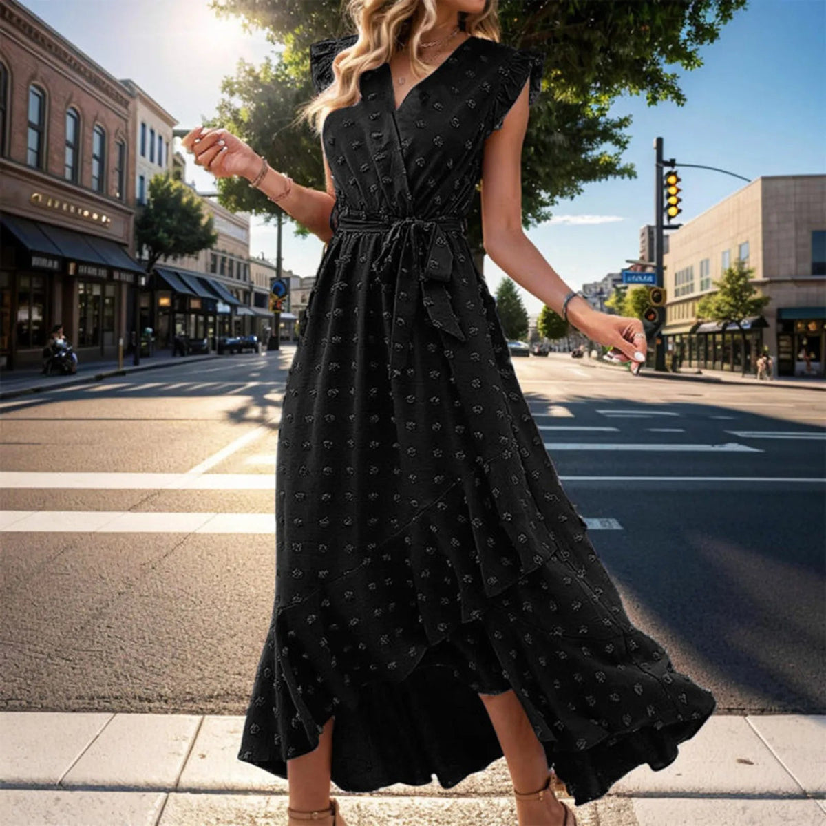 Clothing Free Shipping Sleeve Wrap V Neck Ruffle Dot Ruffle Slit Flowy Boho Dress Mssaz Desses